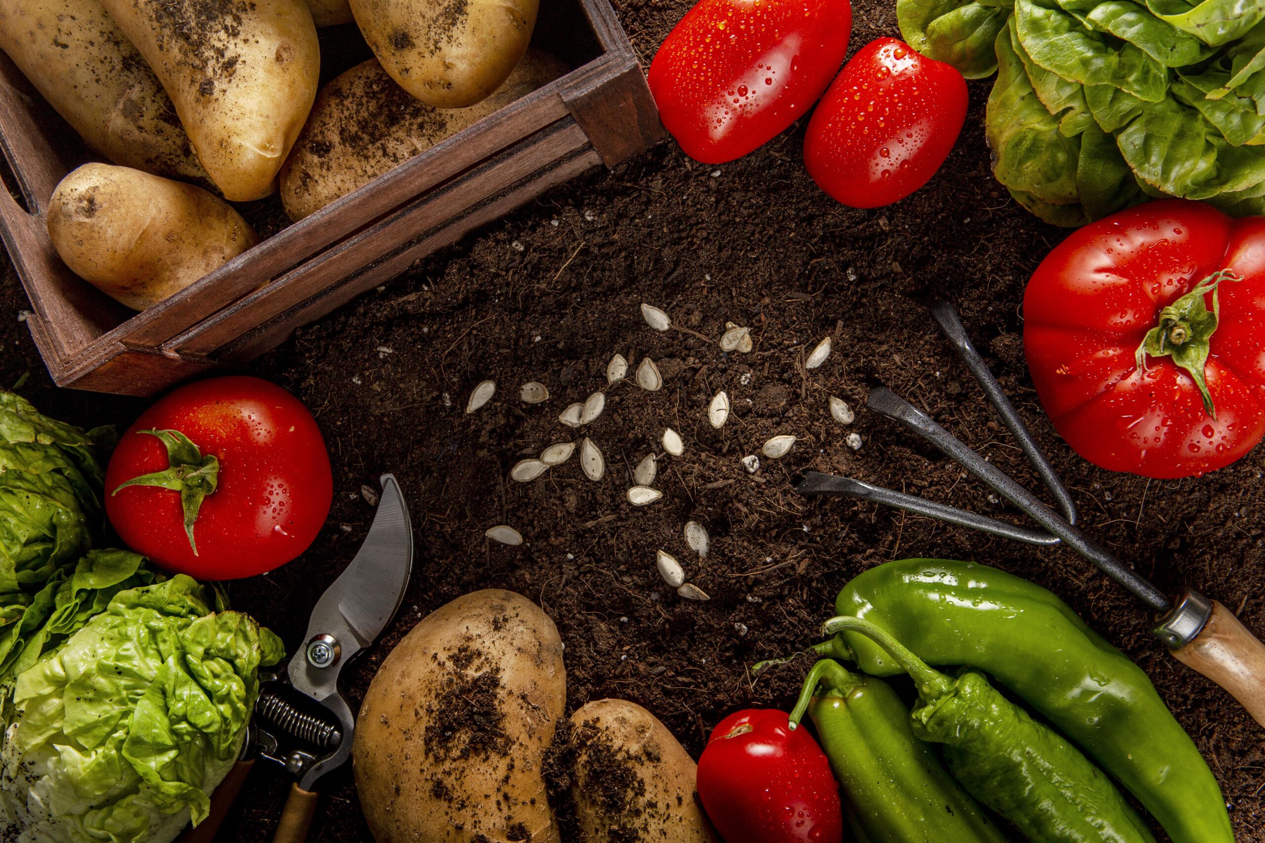 alt="Fresh vegetables including potatoes, tomatoes, green peppers, and lettuce arranged on soil with gardening tools like pruning shears and hand rakes beside a wooden crate