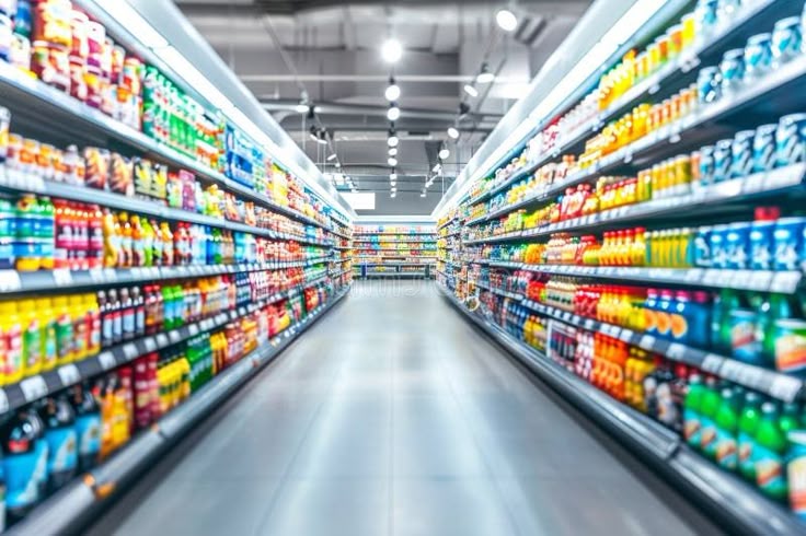 Well-stocked supermarket aisle showcasing a wide range of packaged goods, snacks, and beverages in a clean, brightly lit retail environment.