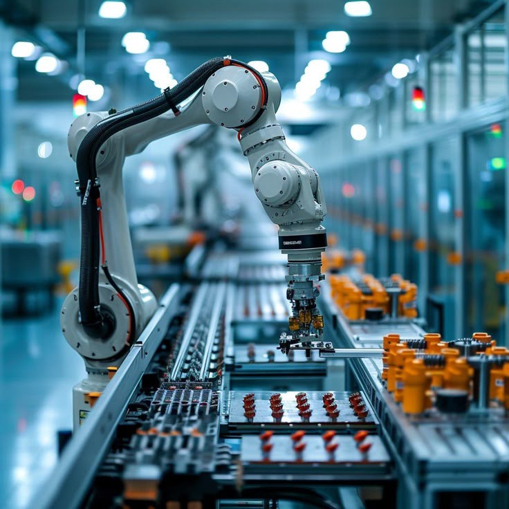 Robotic arm with multi-joint gripper assembling components on a conveyor belt in a modern factory with control panels and safety lights
