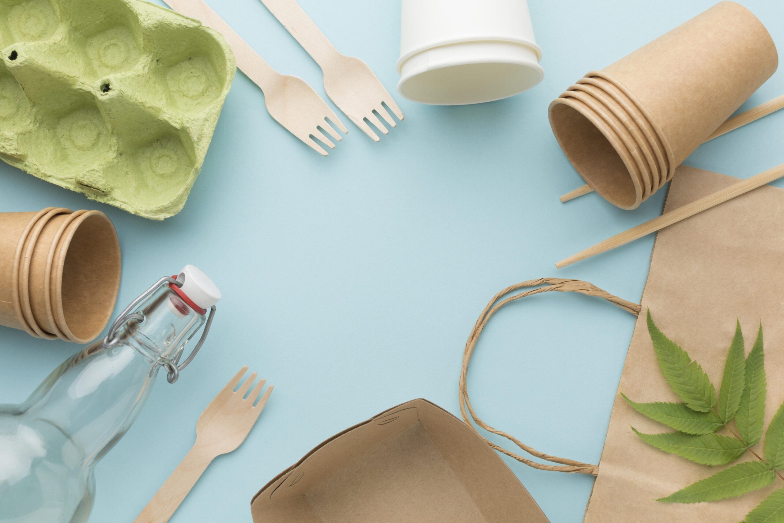 Eco-friendly packaging items including a green recycled egg carton, wooden forks and chopsticks, brown paper cups, white paper cup, glass bottle with clasp, paper food container, and brown paper bag with green leaves arranged on a light blue background