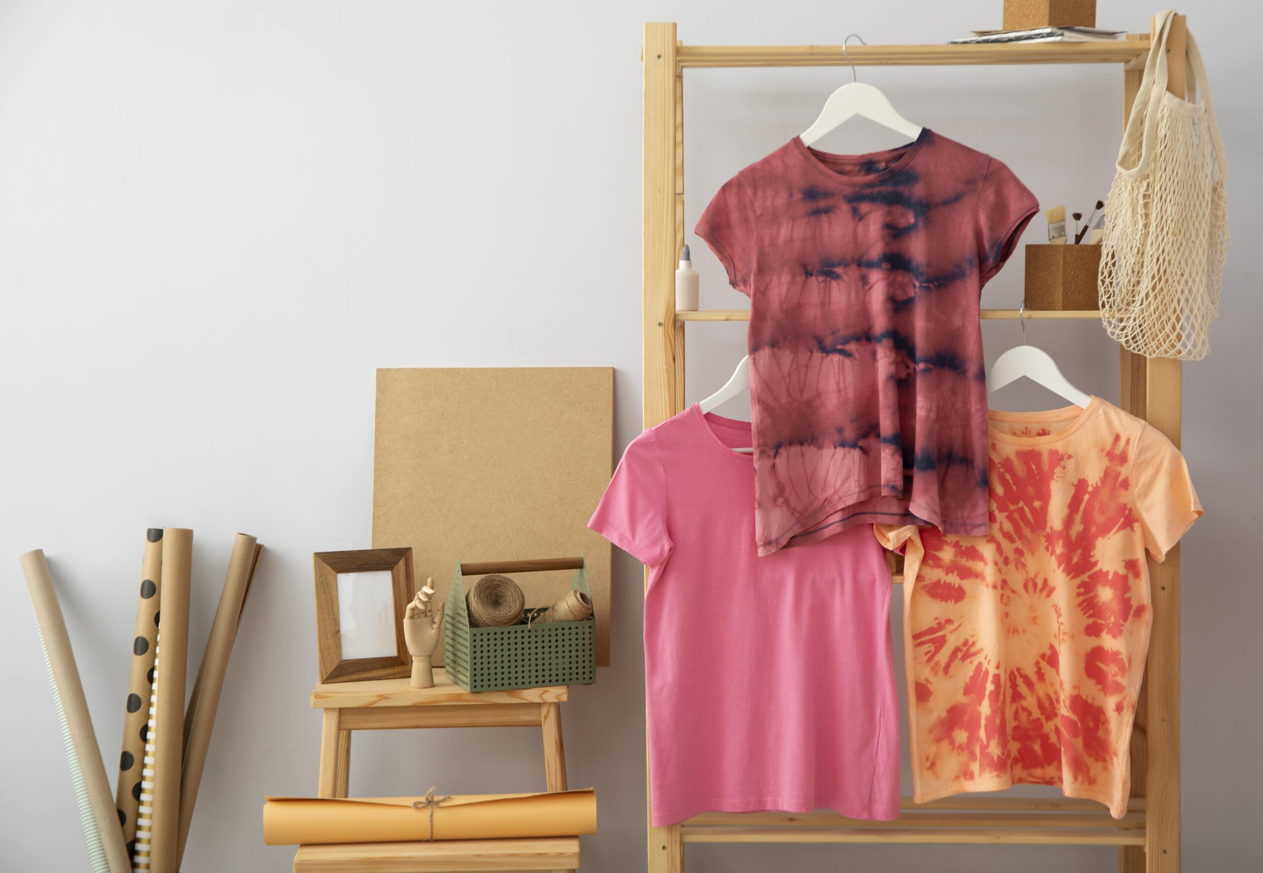 Colorful tie-dye t-shirts hanging on a wooden shelving unit surrounded by crafting supplies like wrapping paper rolls, twine, and a wooden hand model